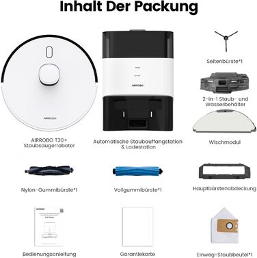 Робот-пилосос AIRROBO T30+ з функцією миття, 6000Pa, LiDAR-навігація, 240 хв роботи, App-керування, білий малюнок