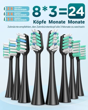 Електрична зубна щітка для дорослих і дітей - звукова, 8 насадок (3 типи), 90 днів роботи, 5 режимів, 50000VPM, кейс для подорожей, таймер, чорна