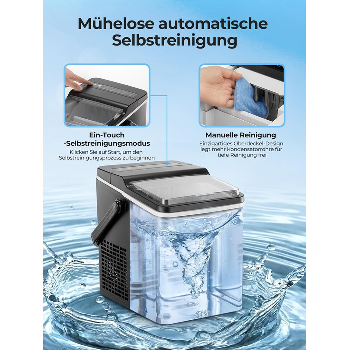 Льодогенератор Fohere портативний з ручкою, 14 кг/24 год, кулі 9 шт за 5 хв, 2 розміри, самоочищення, для дому, кухні, офісу, кемпінгу, вечірок