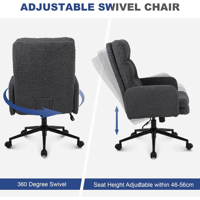 Крісло для роботи Youhauchair з кашеміру, ергономічне офісне крісло з високою спинкою, зручне крісло для туалету, обертове крісло для столу з регульованою висотою, кашемір, висока спинка (темно-сірий)