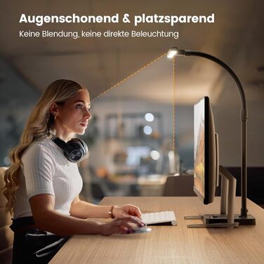 LED настільна лампа Doppelkopf з регулюванням яскравості, 24W, 80см, з кріпленням, денне світло, гнусий шийка, для офісу, захист очей, з підставкою для телефону, чорна