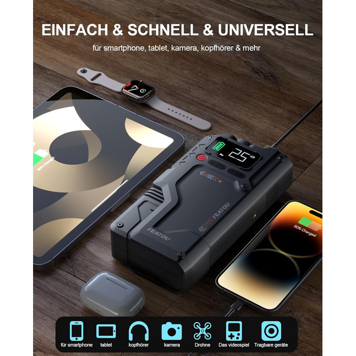 Powerbank з компресором Starthilfe 6500A: автостартер 12V для легкових автомобілів з повітряним насосом, бустер-акумулятор (для 9.0L бензину/8.5L дизеля) з пусковими кабелями, LED ліхтар 500 люмен (чорний), піковий струм 6500A