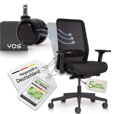 Офісний стілець YOS S5 з підтримкою спини та голови, до 150 кг, чорний. Зроблено в Німеччині