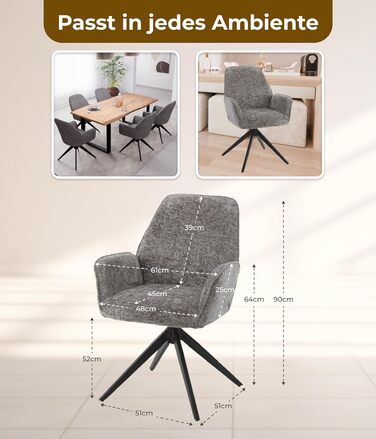 Обідні стільці 2 шт. темно-сірого кольору – поворотні на 360° з м'яким велюровим покриттям – функція повернення з пружинним механізмом – сучасний дизайн та легка збірка – без PFC та сертифіковані Oeko-TEX®