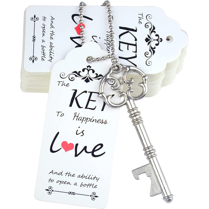 Вінтажний ключ-скелет, 52 шт., відкривачка для пляшок, весільний подарунок, сувенірний набір для гостей, Подарункова листівка і брелок для ключів (Старовинне срібло)