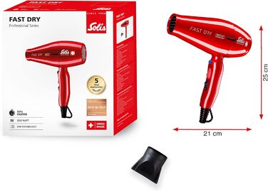 Фен Solis Fast Dry 381 - Професійний фен для будь-якого волосся - Фен з 3 налаштуваннями температури і вентилятора - Кнопка холодного повітря - Фен з іонною технологією - Червоний