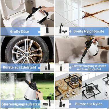 Портативний пароочисник 110°C: ефективне очищення, універсальний пристрій з 10 насадками та 5м кабелем. Ідеально для диванів, килимів, швів та видалення жиру. Колір: білий