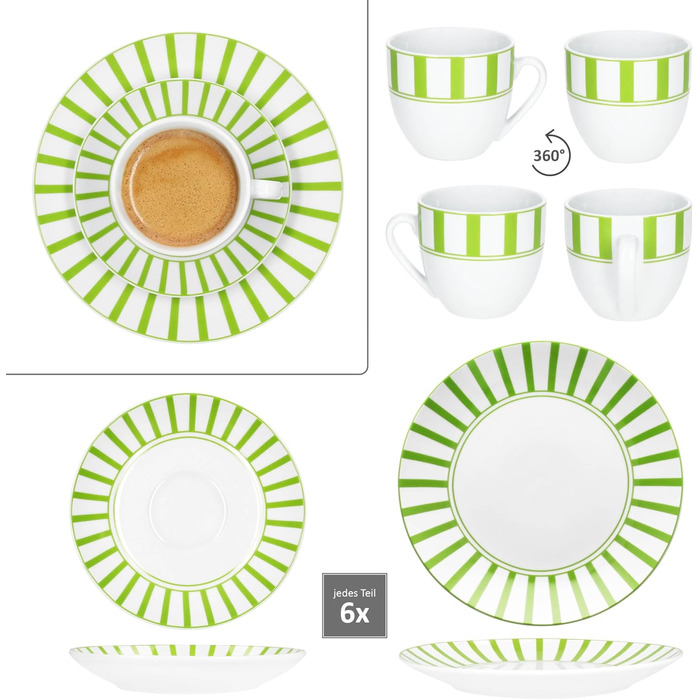MamboCat Комплект посуду для кави та сніданку 18 предметів, зелений, для 6 осіб | Кавовий сервіз з порцеляни з смужками, 6 чашок 200мл, 6 підставок, 6 тарілок
