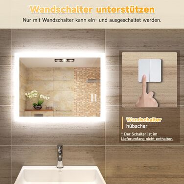 LED дзеркало для ванної кімнати SONNI 60x50 см з підсвічуванням, IP44, вертикальна/горизонтальна установка