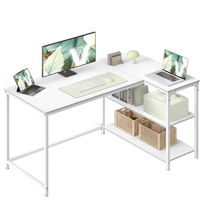 Кутовий стіл VASAGLE L-подібної форми з полицею, для офісу вдома, 120 x 80 см, Ahornweiß (без розетки)
