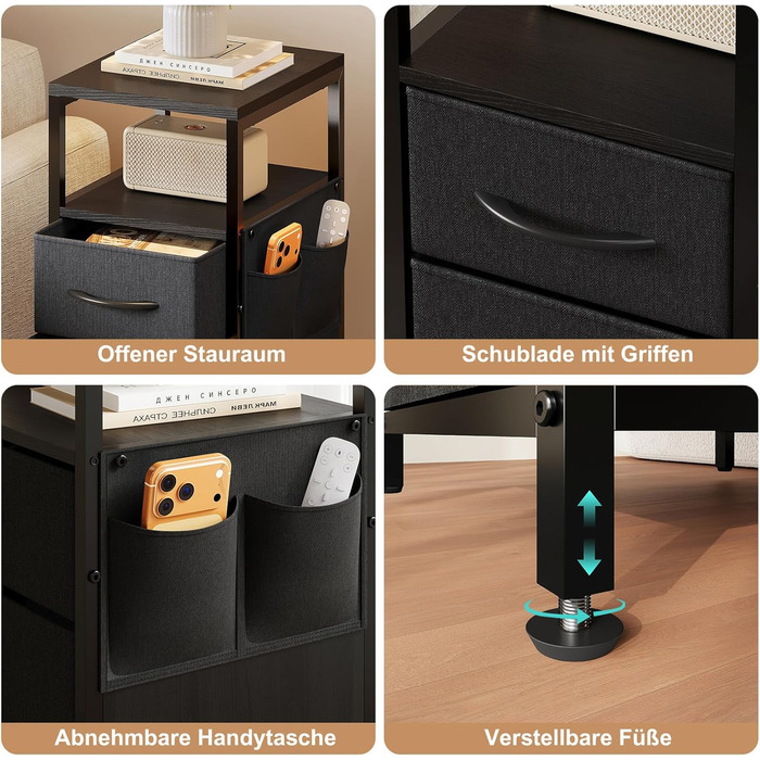 Нічний столик з підзарядкою та LED, приліжний столик з 3 висувними ящиками з тканини, нічний столик з полицею, відкрите відділення, 2 розетки AC, USB та Typ C порти, для спальні, вітальні, офісу (25x30x60 см, Чорний, 2)