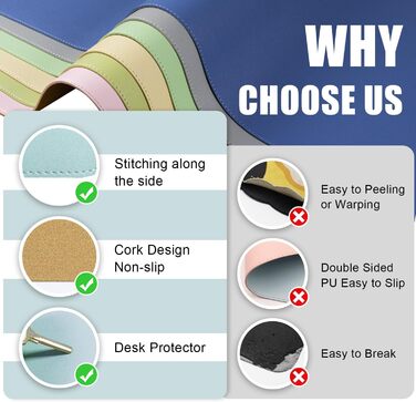 Шкіряний килимок для столу BLESWIN, великий протиковзаючий килимок для миші та ноутбука, підкладка для письма та декору робочого столу (140x43 см, блакитний)