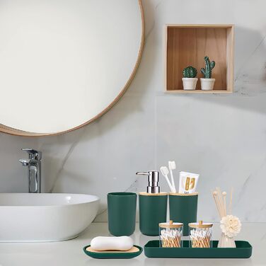 Набір аксесуарів для ванної кімнати SLDIYWOW 9 шт. темно-зелений: мідний відрі, піднос, дозатор мила, тримач для зубних щіток, стакан для зубних щіток, мильниця, WC-щітка, тримач для ватних паличок