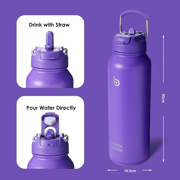 ПЛЯШКА ПЛЯШКА 1,2 л Спортивна пляшка для води з нержавіючої сталі, ізольована пляшка для води з соломинкою та тримачем для таблеток (темно-фіолетовий)