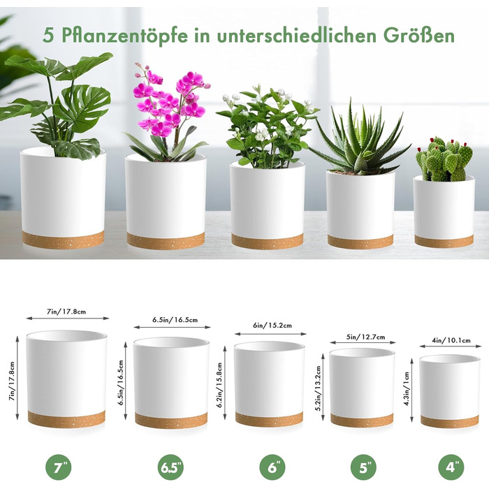 Набір горщиків для квітів з підставкою (5 шт.), 17.8/15.2/14/12.7/10.2 см, пластик, для дому та балкона, зелений з коричневим підставкою