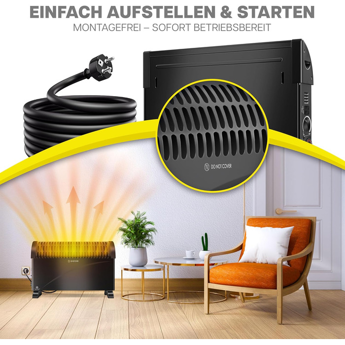 Конвектор KESSER 2000 Вт з таймером 24 год, захистом від замерзання, терморегулятором, турбонагрівом, 3 режими, ручки для перенесення, чорний