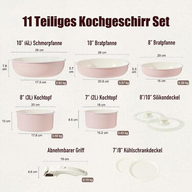 Набір кухонного посуду 11 предметів з антипригарним покриттям, знімні ручки, рожевий. Підходить для індукційних, газових плит, духовки та посудомийної машини. Без PFAS.