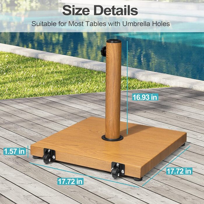 Підставка для парасольки на терасу, 18,1 кг, міцна квадратна підставка з бетону, ринкова підставка з текового дерева (з колесами)