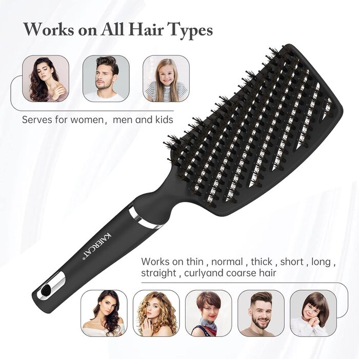 Щітка Kaiercat Boar Hair Brush - розплутує густе волосся, швидше висихає, 100 натуральна щетина (чорна)