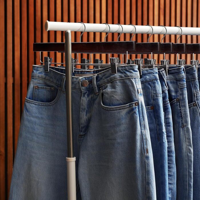 Дерев'яні вішалки для штанів Ulimart: 12 шт., масивне дерево, з кліпсами, регульовані, для джинсів, шортів, штанів (натуральне дерево, коричневий)