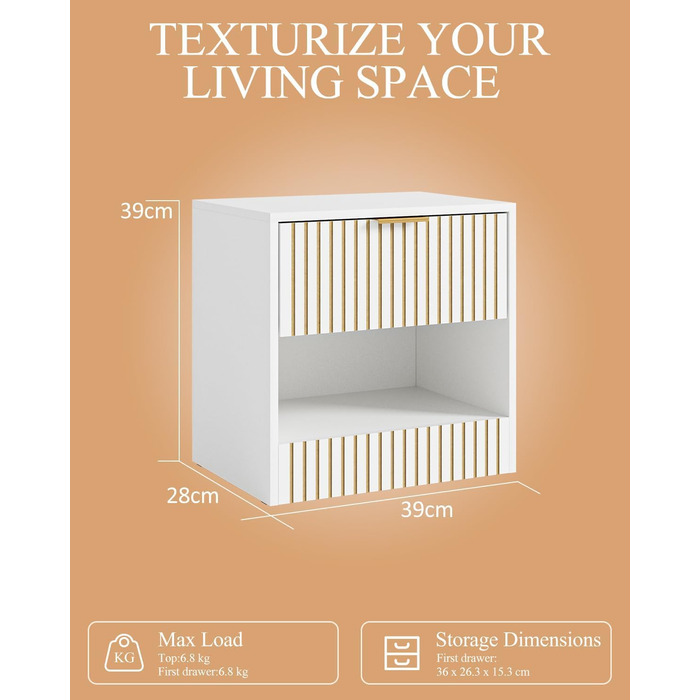 Нічний столик з ящиком, дерев'яний, білий. Сучасний приліжний столик для спальні, вітальні, офісу. 39x39x28 см
