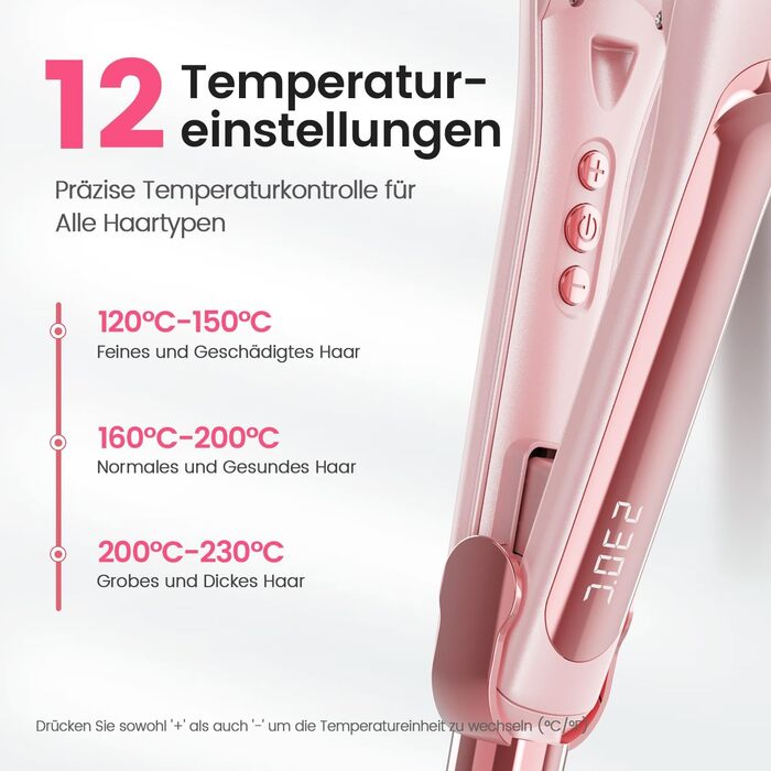 Випрямляч для волосся 2-в-1 Dekuri: випрямлення та завивання, титанова пластина, швидкий нагрів 30с, LED дисплей, іонізація, 120-230°C, чорний/рожевий