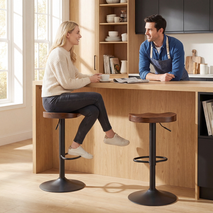 Набір барних стільців на 2 шт., регульовані по висоті обертові стільці з сідлом з клену в темно-коричневому кольорі