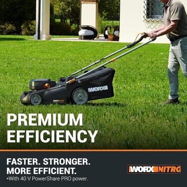 WORX WG749E акумуляторний газонокосарка 40V PowerShare з приводом на колеса, безщітковий двигун, ширина косіння 46 см, 7 положень висоти, з акумулятором та зарядним пристроєм, чорний (WG737E Nitro 40V 37 см)