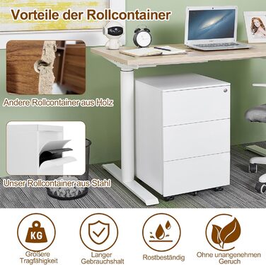 Роликовий контейнер HOMSTEEL з замком, 4 ключі, 4 висувні ящики, металевий шафка, збірно-розбірний, для офісу та дому, білий