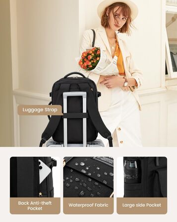 LOVEVOOK Рюкзак для ручної поклажі, жіночий рюкзак для подорожей, водонепроникний рюкзак для ноутбука 17 дюймів, шкільний рюкзак для жінок/студенток, чорний/коричневий (45x32x15 см)