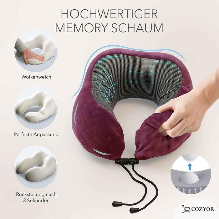 Комплект для подорожей Cozyor 4 в 1: подушка для шиї, маска для сну, надувна подушка та ковдра 2 в 1, беруші, з кріпленням для рюкзака та валізи, червоний, бордовий (Berry)