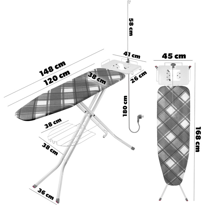Складна прасувальна дошка KADAX, парова прасувальна дошка 120x38 см з розеткою, прасувальна дошка з нековзними ніжками, регульована по висоті прасувальна дошка з лотком для праски (картата)