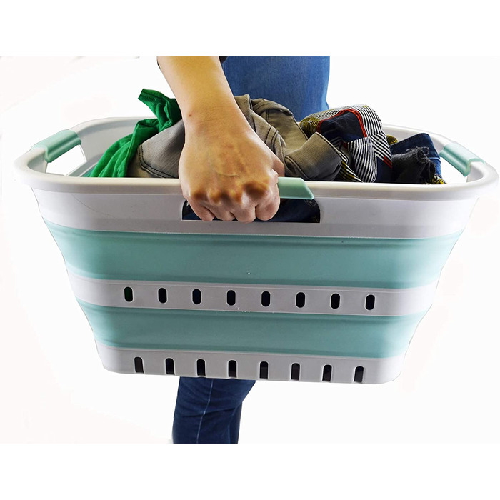 Складна Пластикова корзина для білизни SAMMART 30L з 3 ручками-складаний спливаючий контейнер для зберігання / Органайзер-портативний піддон для прання-компактна корзина /кошик (білий / морський зелений)