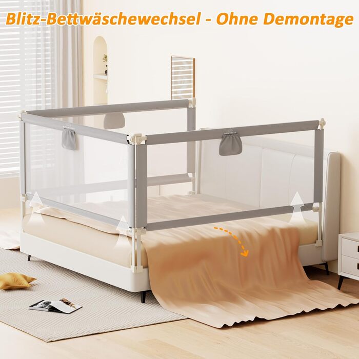 Бортики для ліжка дитячі 3 шт., захисні грати на ліжко для малюків (2x200 см + 1x180 см), сірі, складані