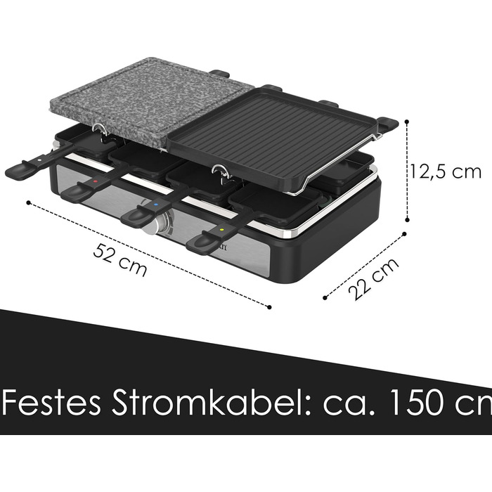 Раклет Гриль Прилад для раклету 8 осіб Настільний гриль Вечірка Гриль Електричний гриль Раклетний гриль Цільний натуральний камінь і сковорідка з покриттям Нагрівальний елемент з нержавіючої сталі 1400 Вт