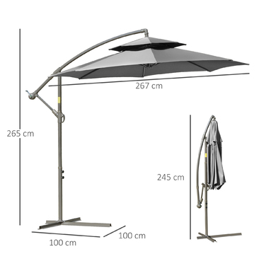 Outsunny Parasol Centilever Parasol Ø2.67 x 2.45 м Кривошипна парасолька з подвійним навісом Поперечна основа Сталь Сталевий Поліестер Сталь Світло-Сірий