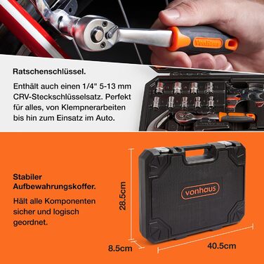 Набір інструментів VonHaus 120 предметів в кейсі: LED ліхтарик, рулетка 3м, шестигранники, DIY для початківців