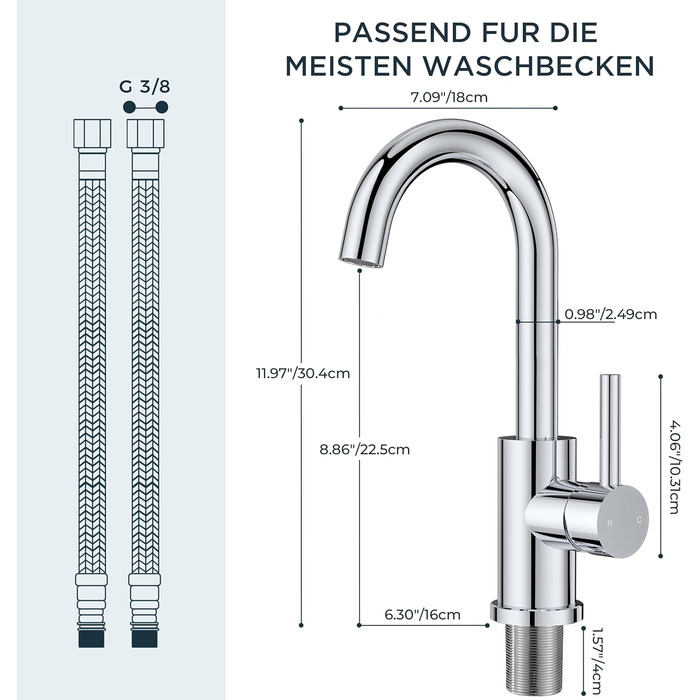 Змішувач для ванної кімнати FORIOUS Hoch 360° з нержавіючої сталі, з підйомним виливом, для кухні/ванної кімнати, з підключенням до гарячої/холодної води, монтаж простий, висота виливу 175 мм, полірована сталь