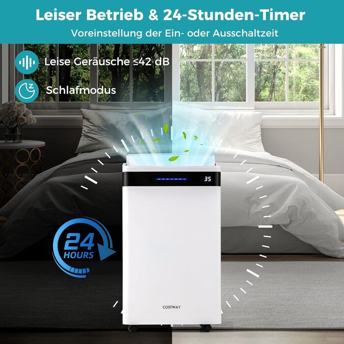 Електричний осушувач повітря COSTWAY 3 режими, 30м², 6.5л бак, таймер 24г, 2 швидкості, тихий режим ≤42dB, 28.5л/день