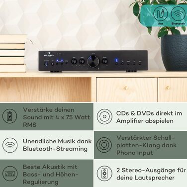 Міні-підсилювач Auna HiFi Stereo, 2 канали, регулювання низьких і високих частот, з пультом дистанційного керування та AUX, графітовий сірий