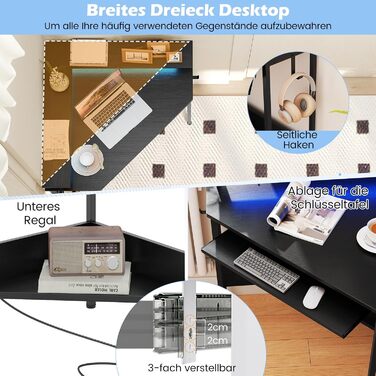COSTWAY кутовий стіл з зарядкою, трикутник, LED-підсвітка, підставка для клавіатури та монітора, геймінговий, для дому/офісу (білий/чорний)