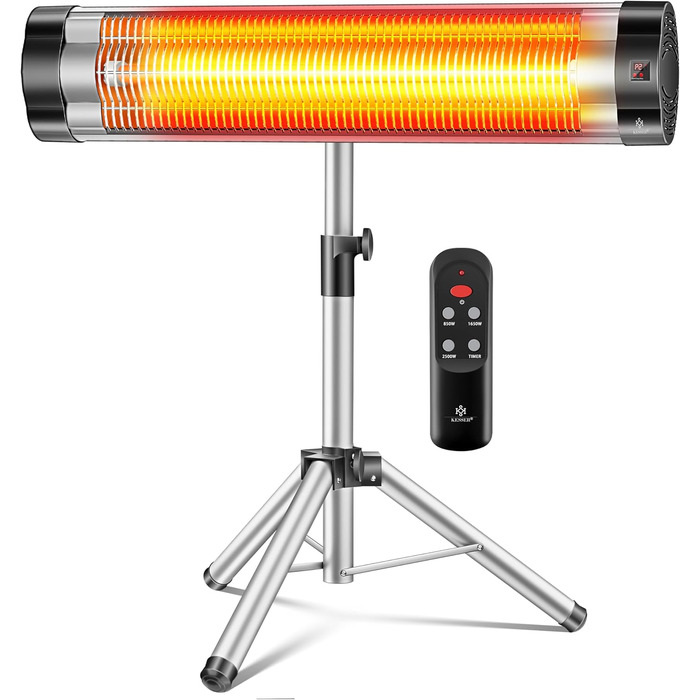 Інфрачервовий обігрівач KESSER® 2500W з пультом дистанційного керування та захисним чохлом, телескопічна стійка, для тераси, кварцовий нагрівач, срібний