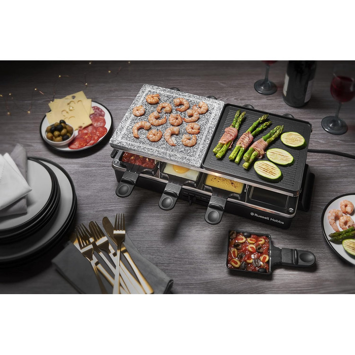 Ракуетниця Russell Hobbs Raclette Grill 8 осіб з 8 сковородами та дерев'яним шпателем, 2 грильні поверхні: з натурального каменю з жолобом для соку та антипригарне поворотне решітка/Teppanyaki, гриль для піци, 26280-56