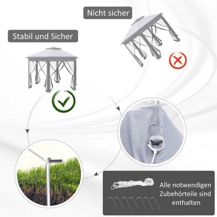 Павільйон шестигранний 4x4 м, сітка-навіс, водовідштовхувальне покриття, вентиляційне дах, сірий+білий