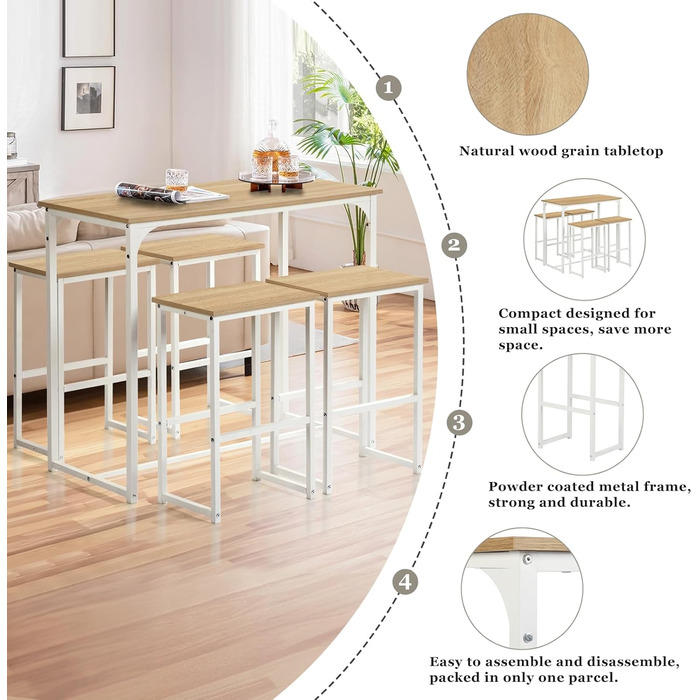 Набір кухонних меблів: стіл та 4 табурети з дуба для кухні та бару