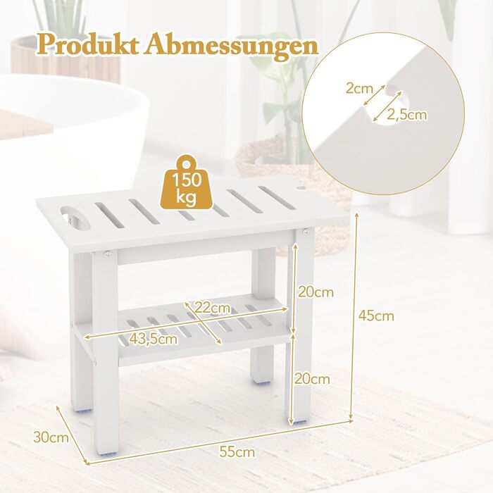 Крісло для ванної кімнати RELAX4LIFE з ручками та полицею, біле, до 150 кг - лавочка для душу з гумовими ніжками