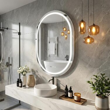 Дзеркало для ванної кімнати YU YUSING з підсвічуванням 80x60 см LED, 3 кольори світла, регулювання яскравості, антизапітніння, сенсорний вимикач, таймер, загартоване скло, IP44, овальне