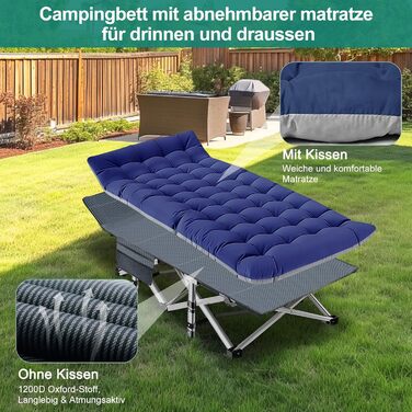 Розкладне кемпінгове ліжко з матрацом та кишенями, сталевий каркас, навантаження до 200 кг, 190x71x36 см, синій
