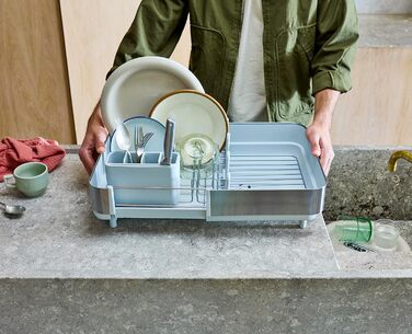 Сушарка для посуду Joseph Joseph Extend з нержавіючої сталі, висувна, компактна, з підставкою для столових приборів та поворотним зливом (Plus, Light Stone)