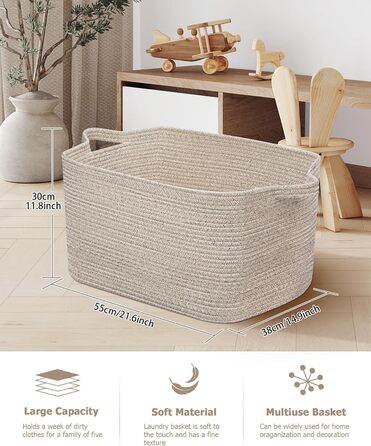 Складний кошик для білизни, 63L, з бавовни, плетений, з ручками, для ковдр, одягу, іграшок, 2 шт. (білий та коричневий)